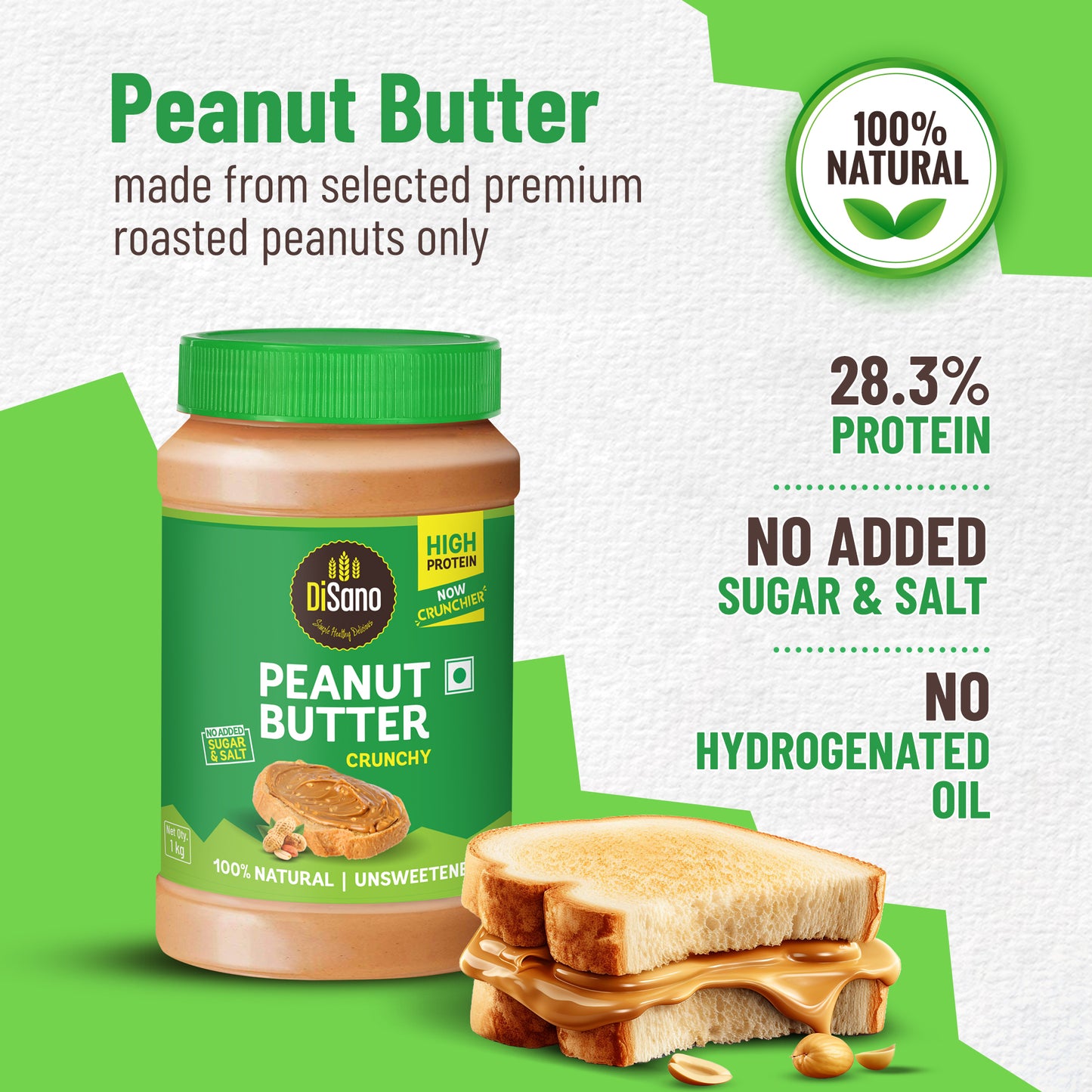Natural Peanut Butter Crunchy 1Kg, Unsweetened, High Protein Peanut Butter, No Added Sugar Or Salt, Vegan, 100% Roasted Peanut Butter Roasted Peanut Butter