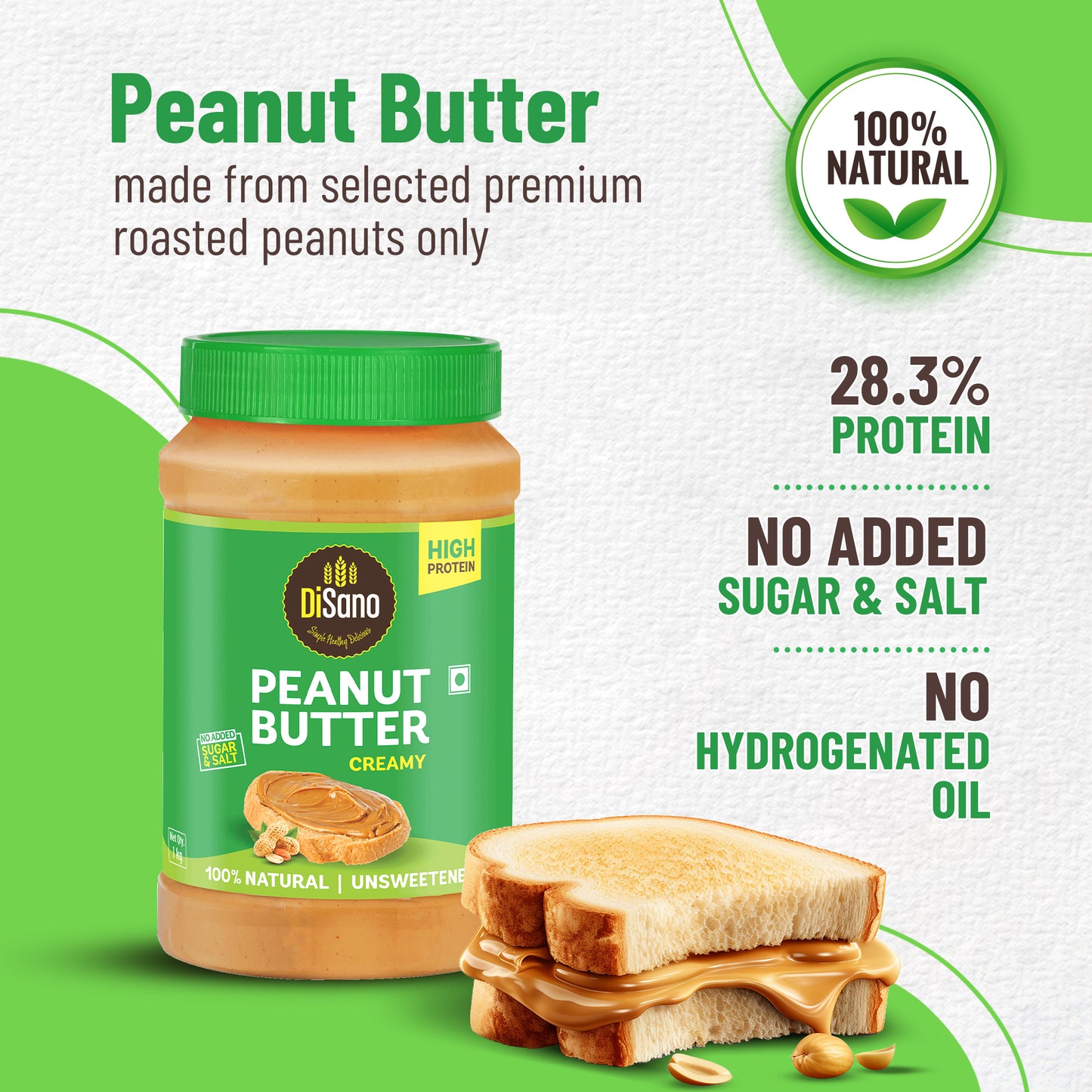Natural Peanut Butter Creamy 1kg, Unsweetened, High Protein Peanut Butter, No Added Sugar or Salt, Vegan, Gluten-Free Nut Butter Spread, 100% Roasted Peanut Butter