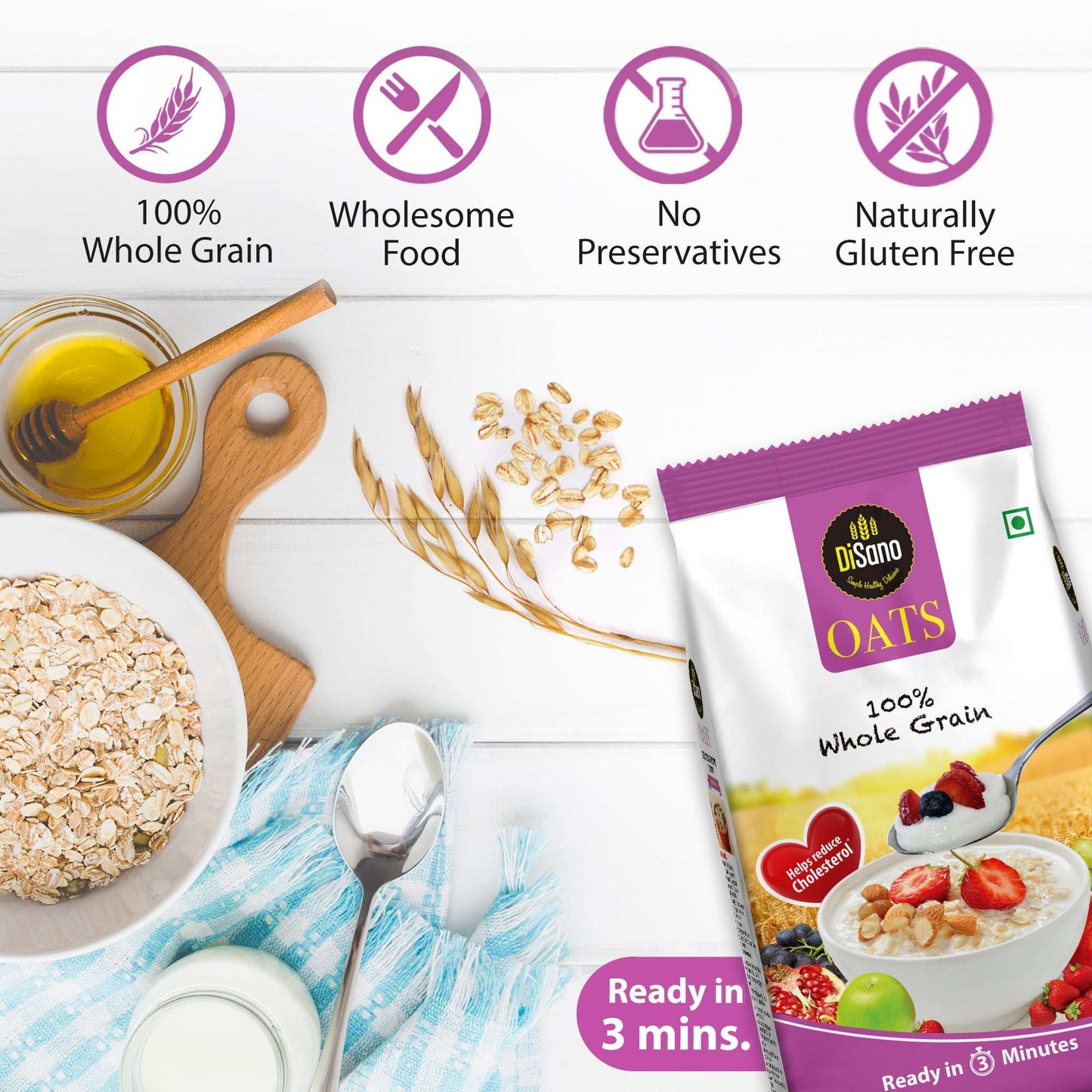 Disano Oats, 1kg, Natural Whole Grain, High in Protein and Fibre, Rolled Oats