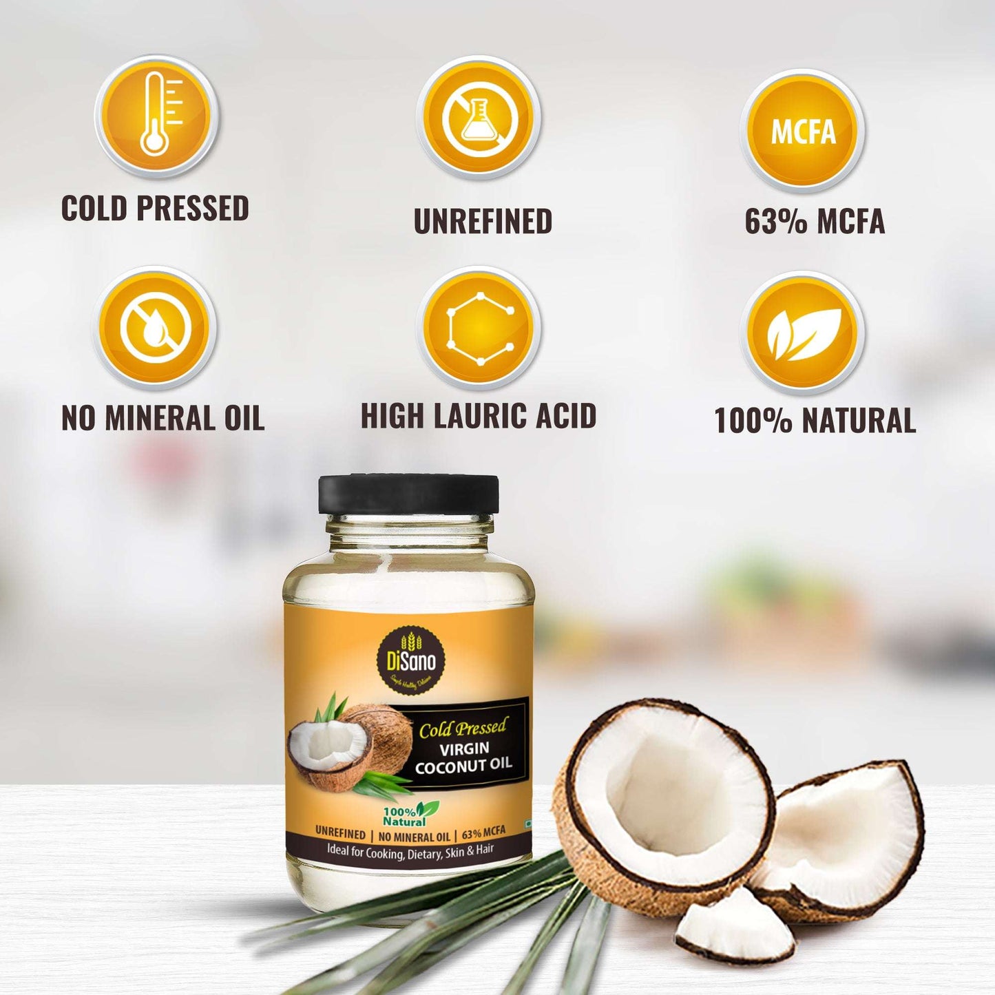 DiSano Cold Pressed Virgin Coconut Oil Bottle, Glass Bottle, 500ml