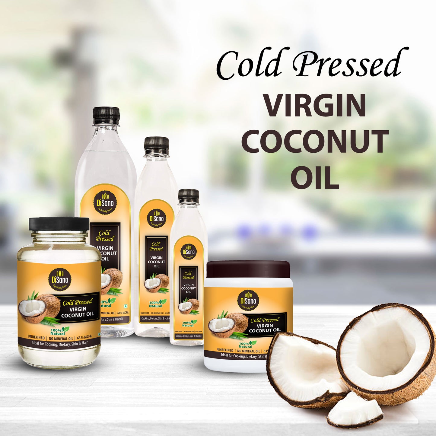 DiSano Cold Pressed Virgin Coconut Oil Bottle, Glass Bottle, 500ml