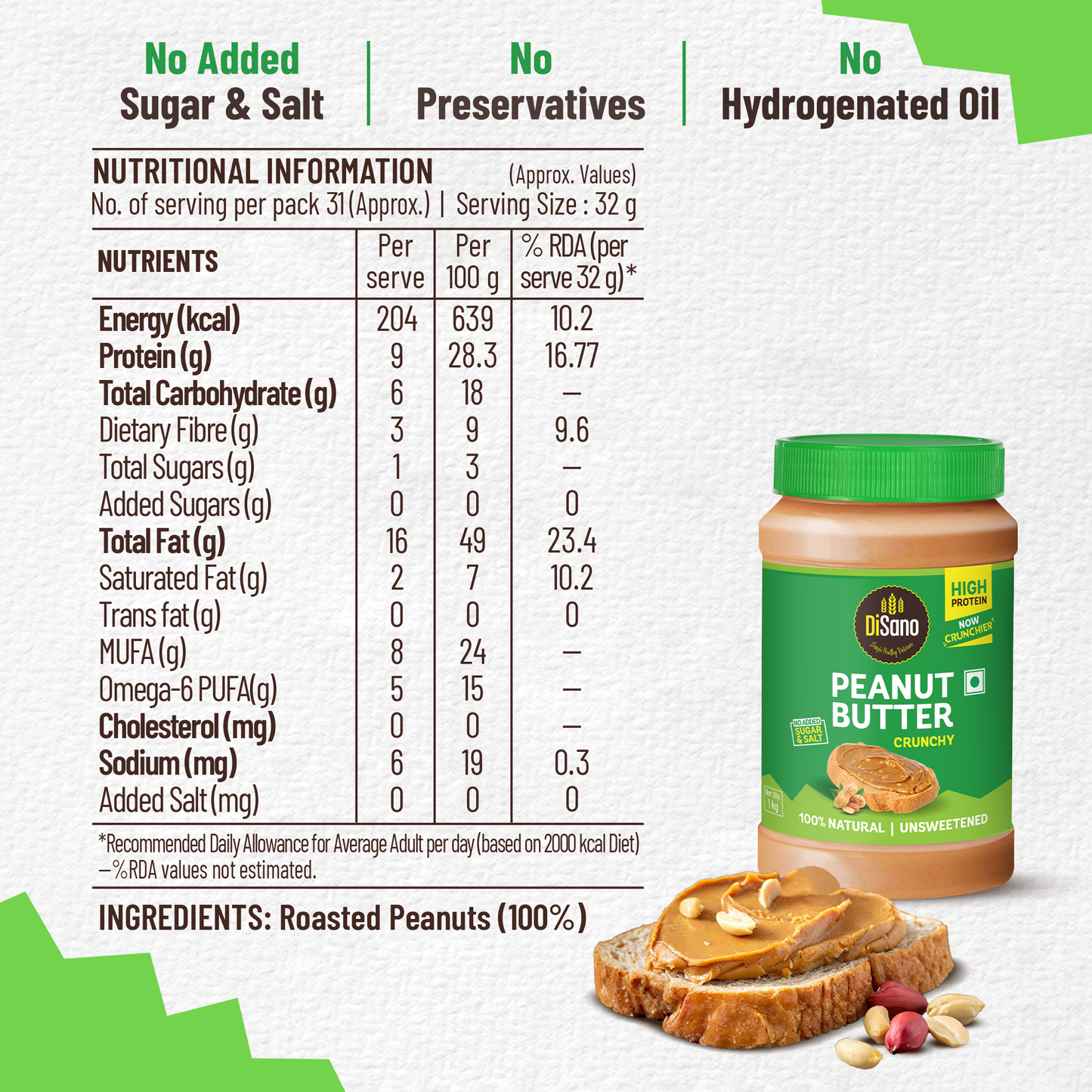 Natural Peanut Butter Crunchy 1Kg, Unsweetened, High Protein Peanut Butter, No Added Sugar Or Salt, Vegan, 100% Roasted Peanut Butter Roasted Peanut Butter