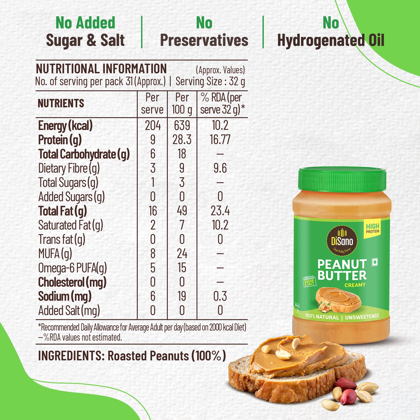 Natural Peanut Butter Creamy 1kg, Unsweetened, High Protein Peanut Butter, No Added Sugar or Salt, Vegan, Gluten-Free Nut Butter Spread, 100% Roasted Peanut Butter