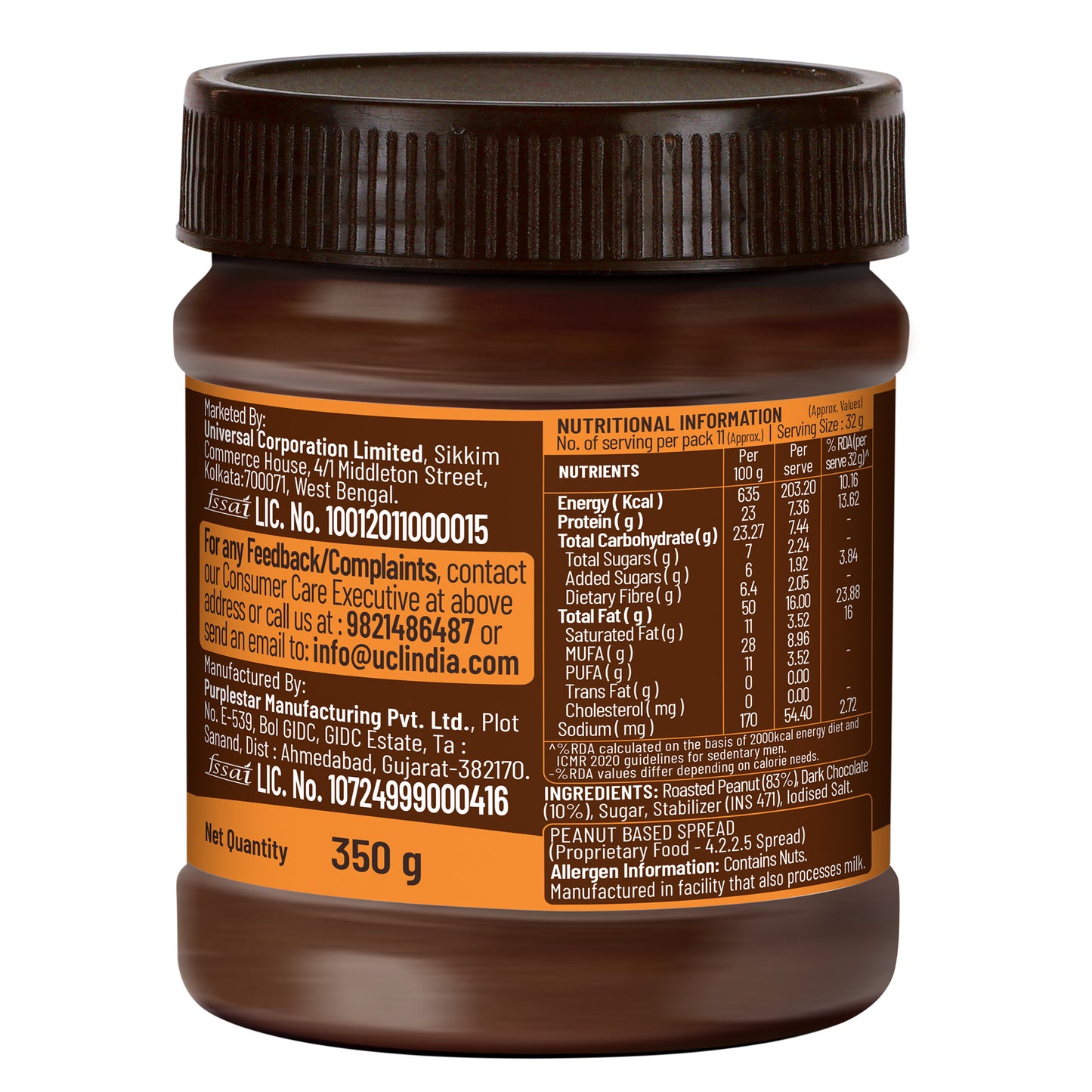 Chocolate Peanut Butter Creamy, 350g, 23g Protein & 6.4g Dietary Fibre, Tasty & Healthy Chocolate Spread for Breakfast & Snacks, Made with Premium Roasted Peanuts, Zero Cholesterol & Trans Fat