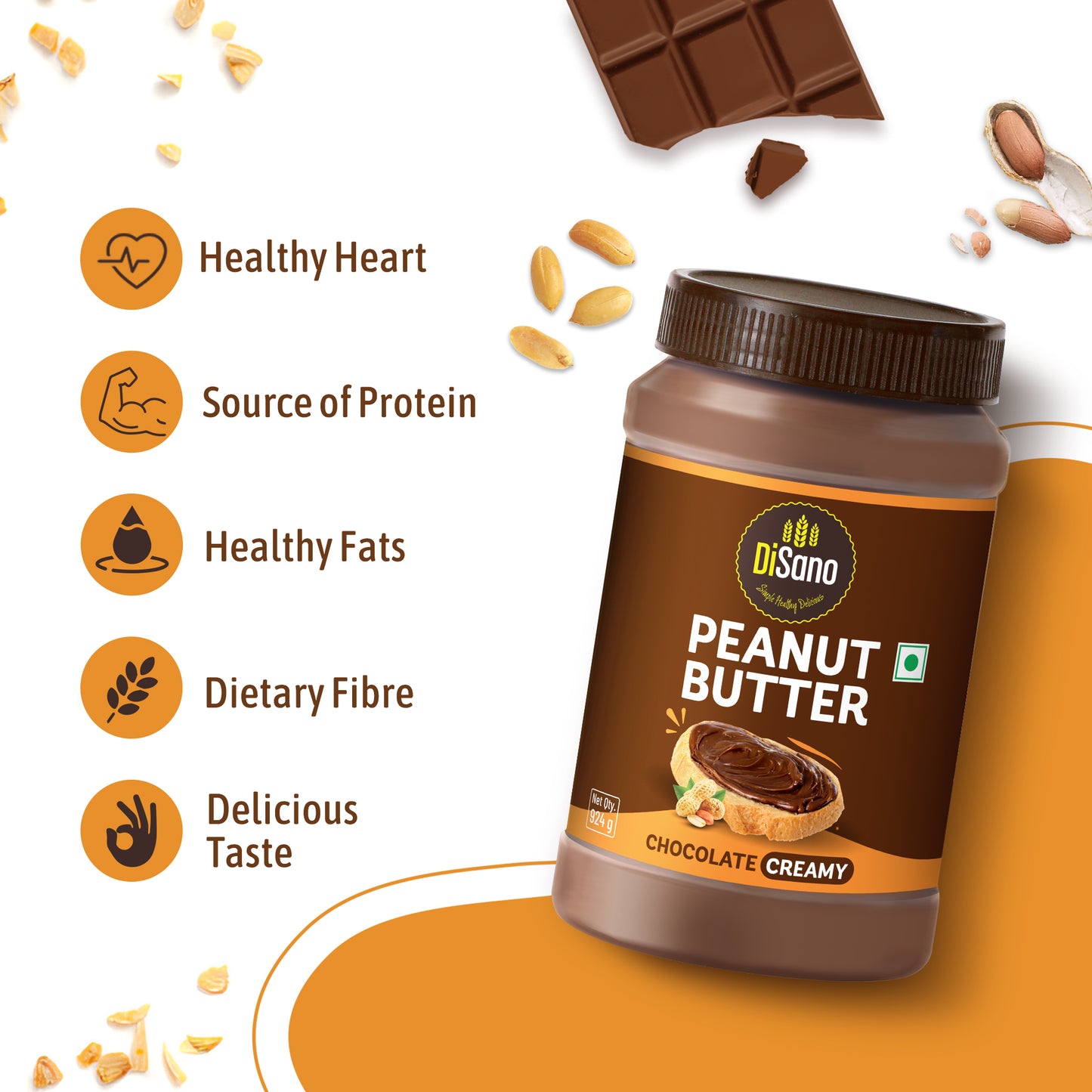 Chocolate Peanut Butter Creamy, 924g, 23g Protein & 6.4g Dietary Fibre, Tasty & Healthy Chocolate Spread for Breakfast & Snacks, Made with Premium Roasted Peanuts, Zero Cholesterol & Trans Fat