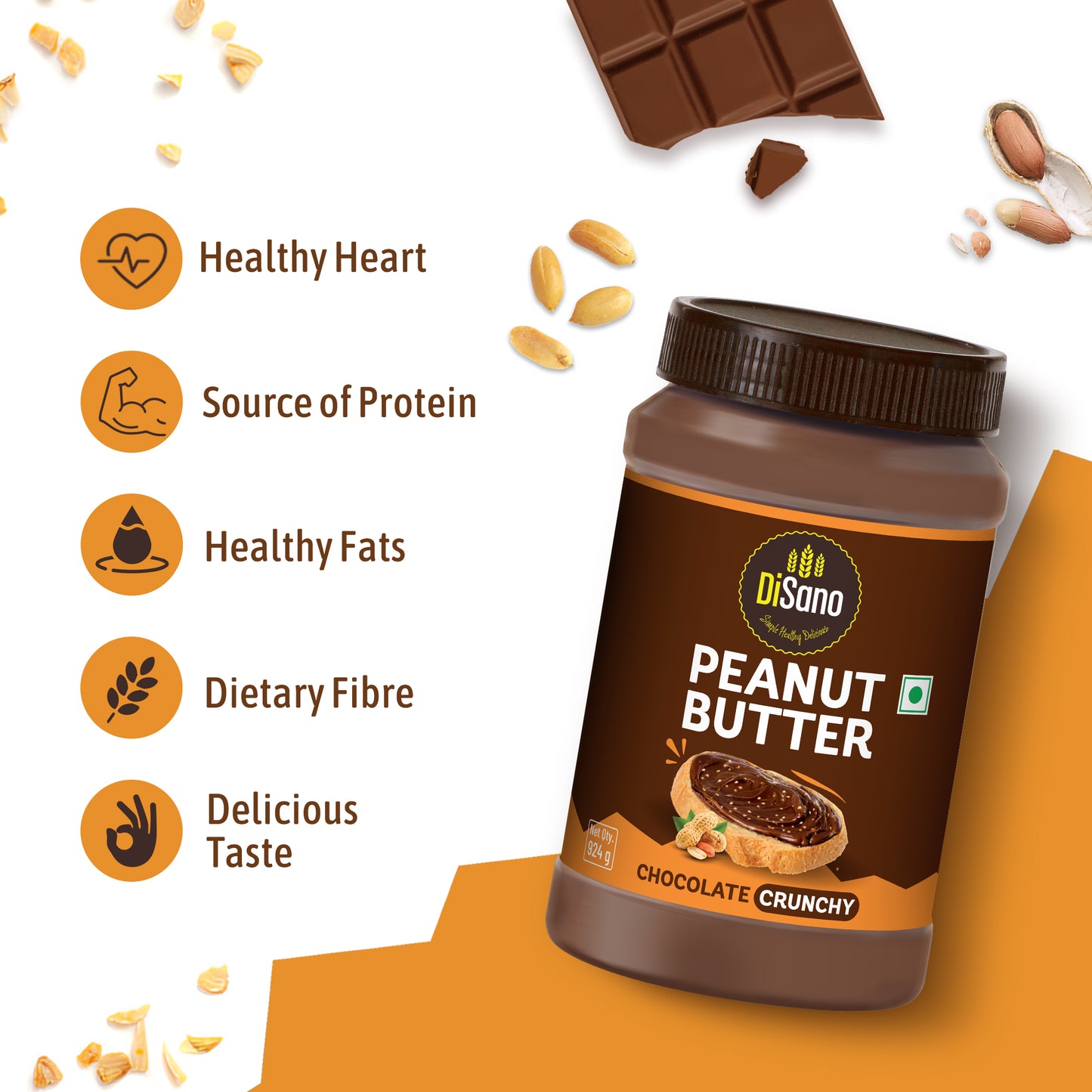 Chocolate Peanut Butter Crunchy, 924g, 23g Protein & 6.4g Dietary Fibre, Tasty & Healthy Chocolate Spread for Breakfast & Snacks, Made with Premium Roasted Peanuts, Zero Cholesterol & Trans Fat