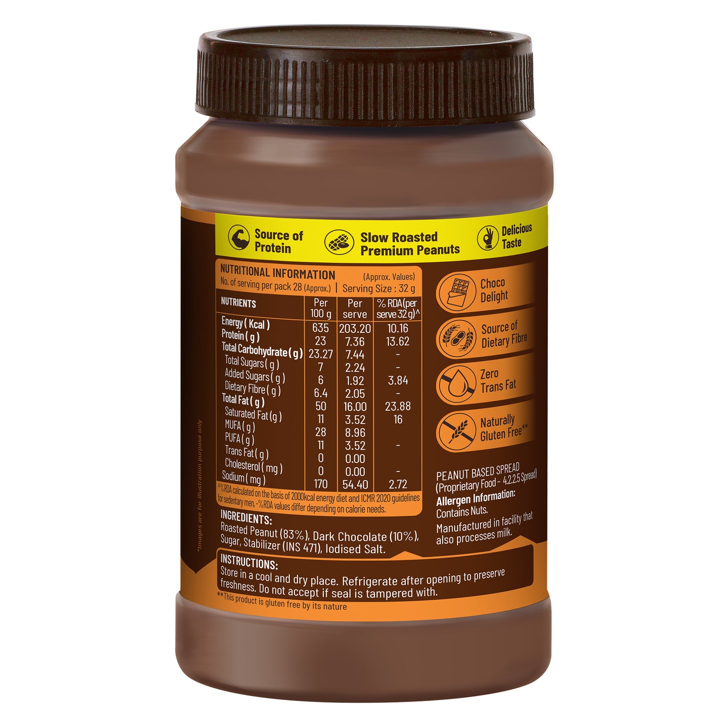 Chocolate Peanut Butter Crunchy, 924g, 23g Protein & 6.4g Dietary Fibre, Tasty & Healthy Chocolate Spread for Breakfast & Snacks, Made with Premium Roasted Peanuts, Zero Cholesterol & Trans Fat