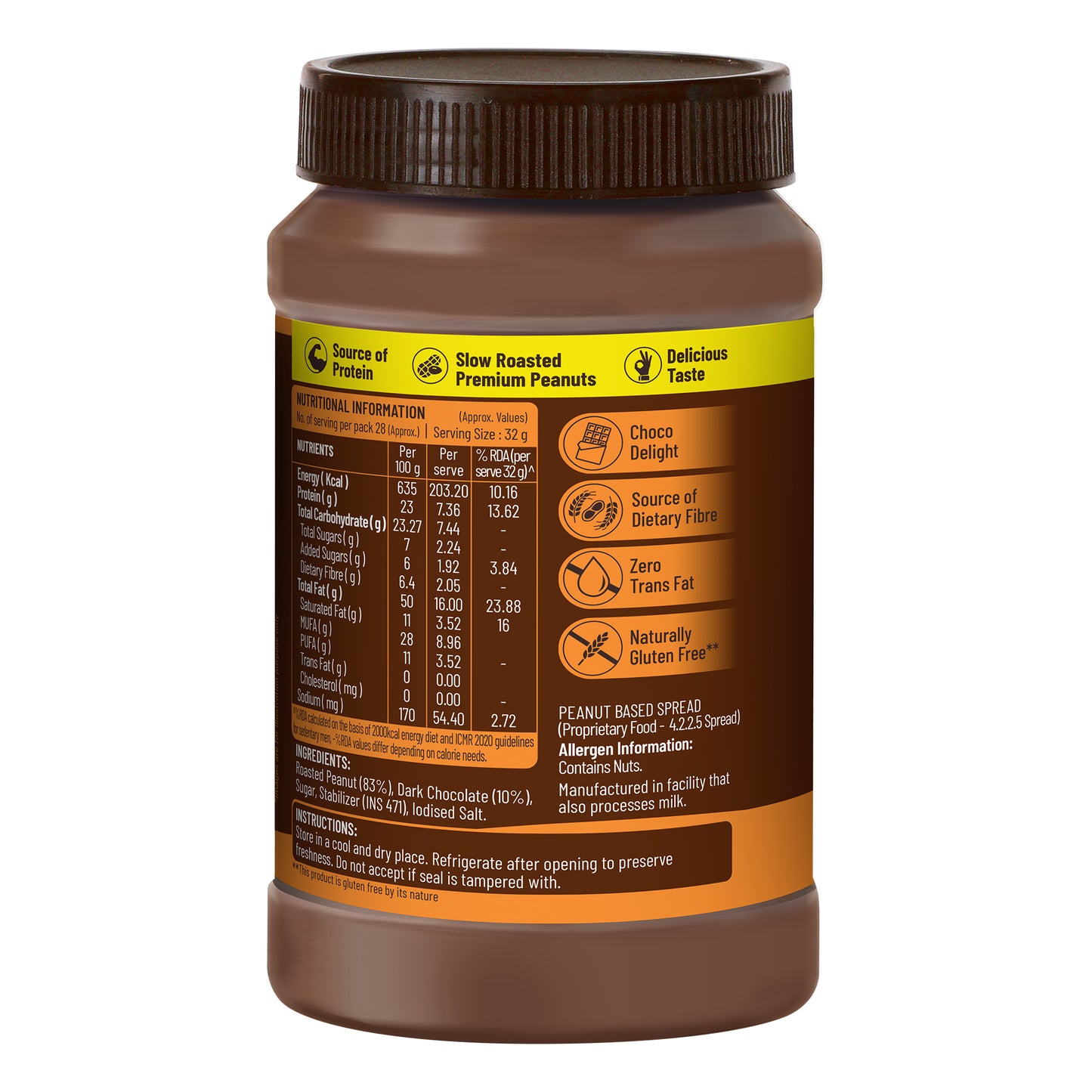 Chocolate Peanut Butter Creamy, 924g, 23g Protein & 6.4g Dietary Fibre, Tasty & Healthy Chocolate Spread for Breakfast & Snacks, Made with Premium Roasted Peanuts, Zero Cholesterol & Trans Fat