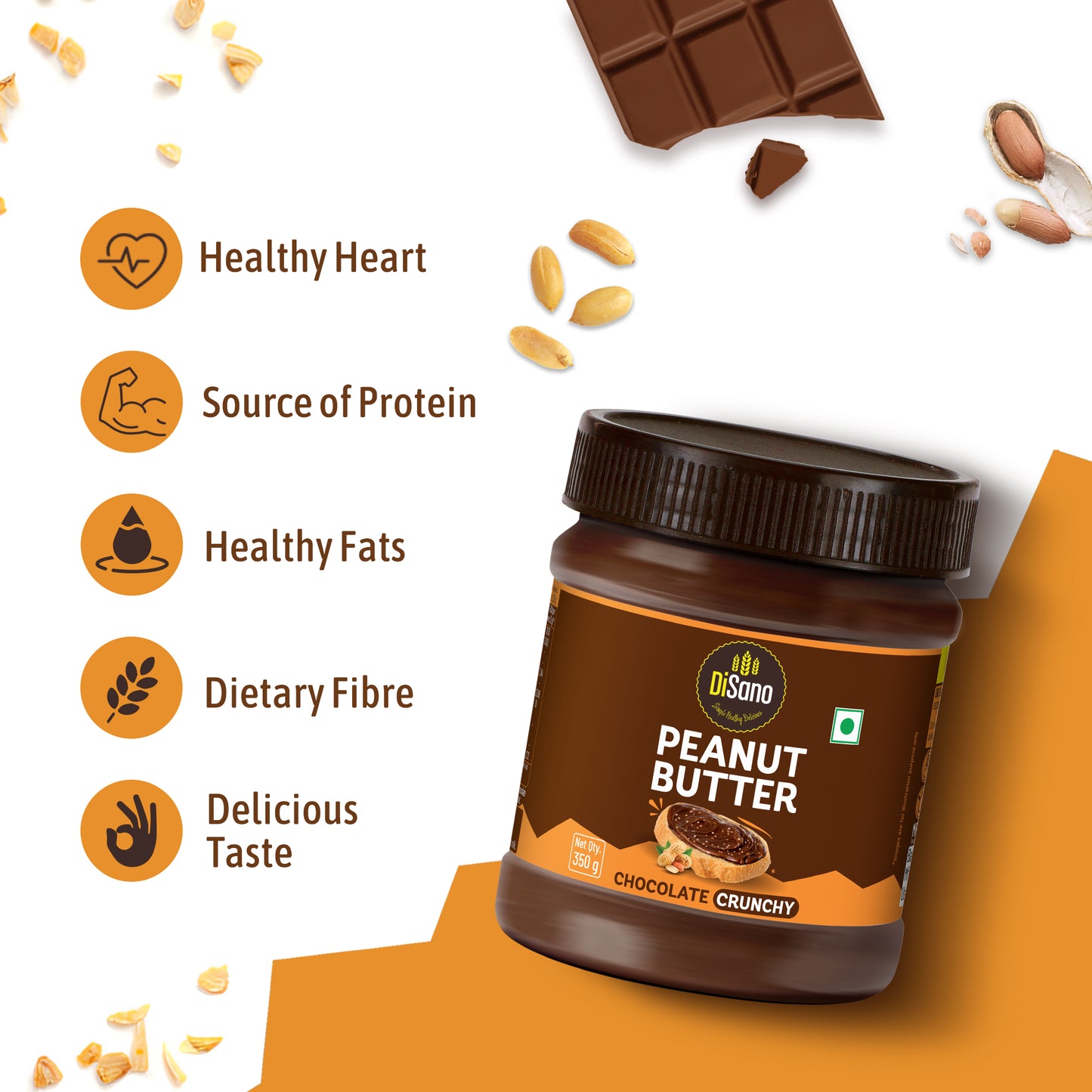 Chocolate Peanut Butter Crunchy, 350g, 23g Protein & 6.4g Dietary Fibre, Tasty & Healthy Chocolate Spread for Breakfast & Snacks, Made with Premium Roasted Peanuts, Zero Cholesterol & Trans Fat