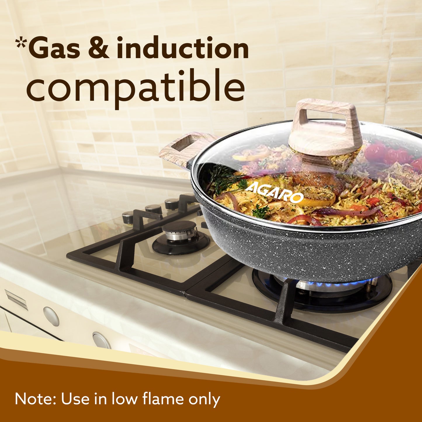 Imperial Granite Non Stick Kadai with Glass Lid, 3.8L / 28cm,Kadai , Deep Frying Pan, Biryani Pot, Cast Aluminium Body, Gas & Induction Compatible, Dark Grey