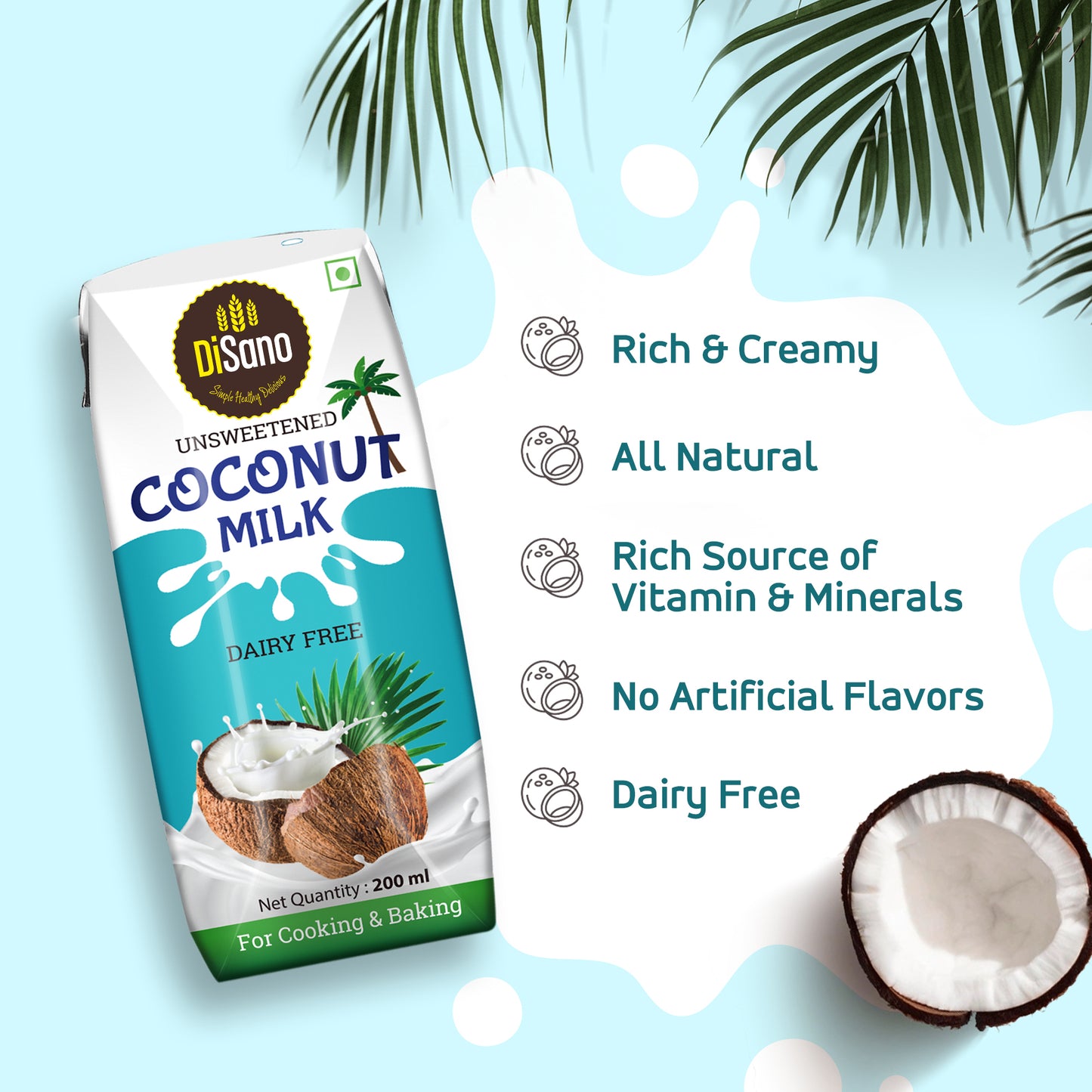 Disano coconut Milk, Vegan, No Added Sugar, 18% Fat, 200ml