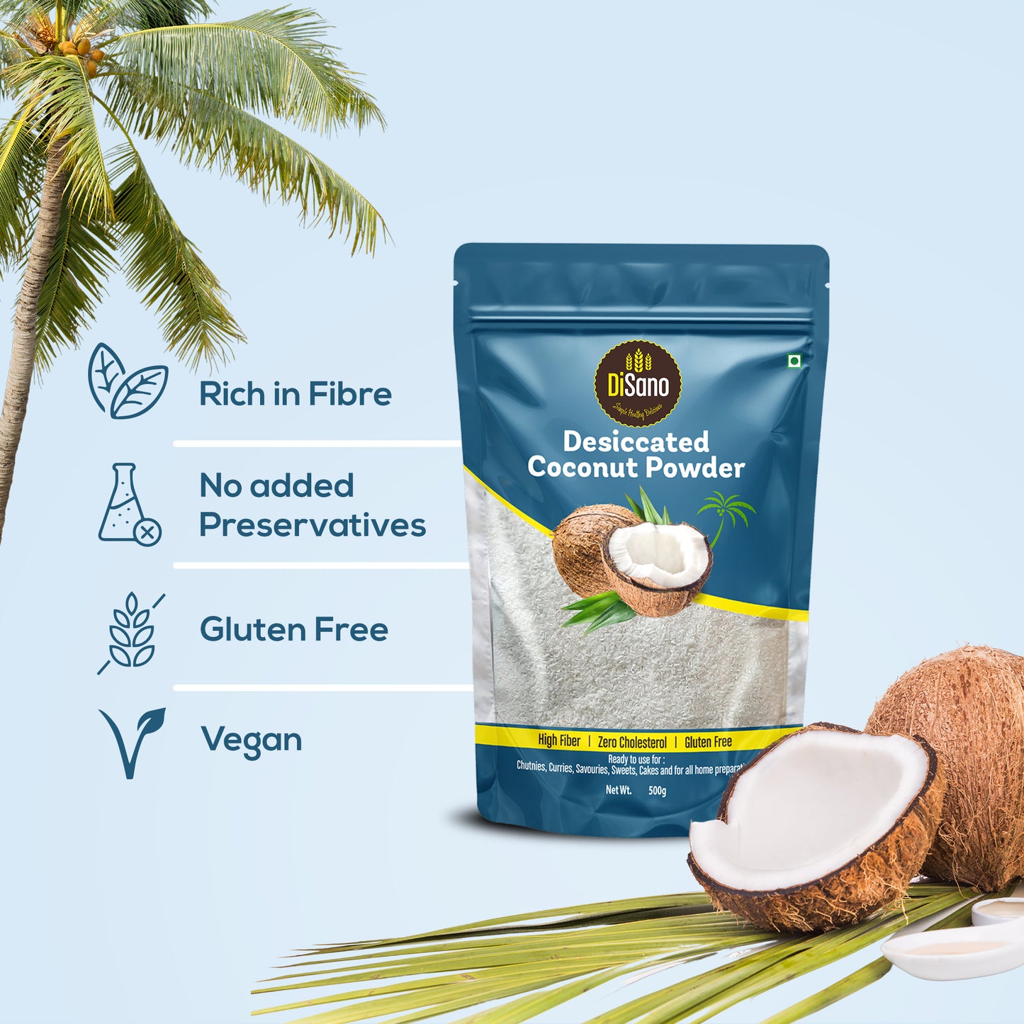 DiSano Desiccated Coconut Powder, No added Sugar or Flavour, 500g