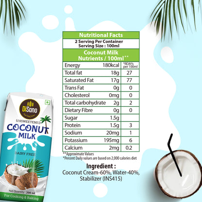 Disano coconut Milk, Vegan, No Added Sugar, 18% Fat, 200ml