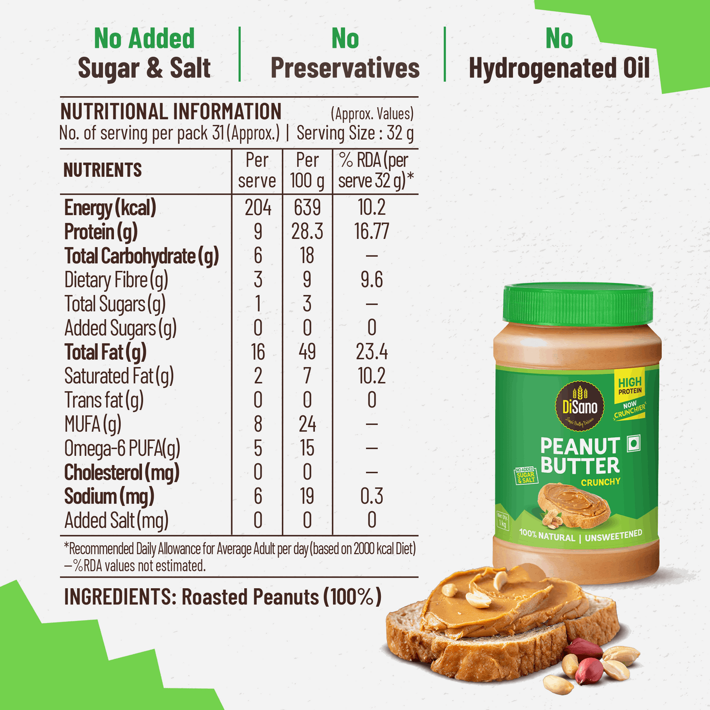 Natural Peanut Butter Crunchy 1Kg, Unsweetened, High Protein Peanut Butter, No Added Sugar Or Salt, Vegan, 100% Roasted Peanut Butter Roasted Peanut Butter