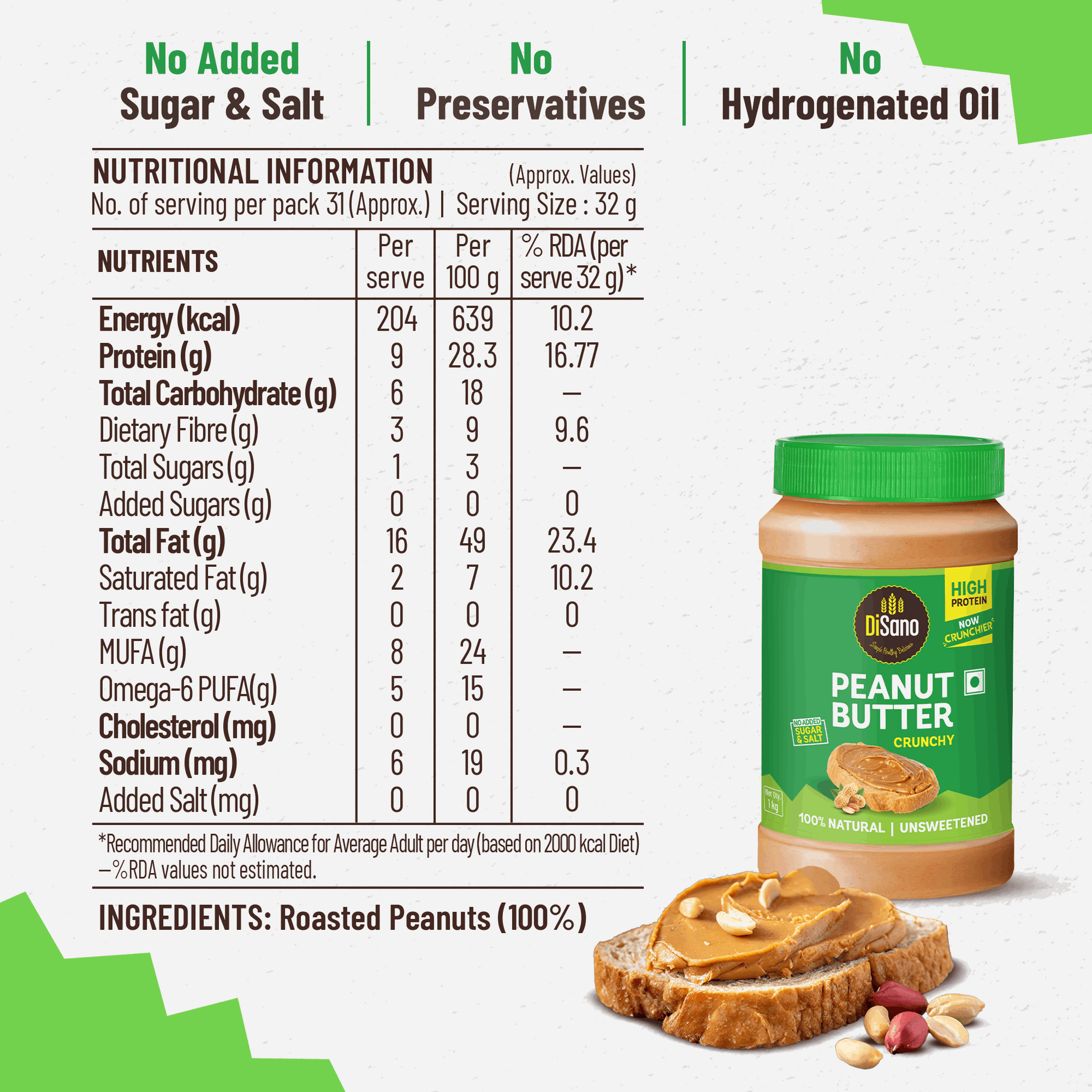 Natural Peanut Butter Crunchy 1Kg, Unsweetened, High Protein Peanut Butter, No Added Sugar Or Salt, Vegan, 100% Roasted Peanut Butter Roasted Peanut Butter