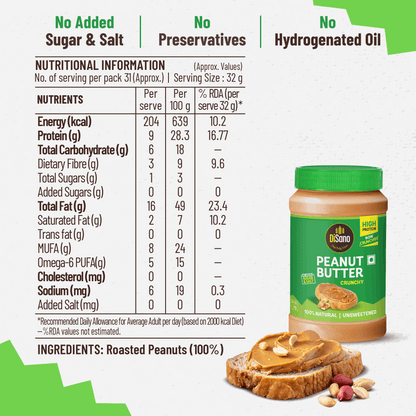 Natural Peanut Butter Crunchy 1Kg, Unsweetened, High Protein Peanut Butter, No Added Sugar Or Salt, Vegan, 100% Roasted Peanut Butter Roasted Peanut Butter