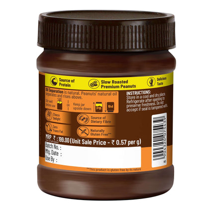 Chocolate Peanut Butter Creamy, 350g, 23g Protein & 6.4g Dietary Fibre, Tasty & Healthy Chocolate Spread for Breakfast & Snacks, Made with Premium Roasted Peanuts, Zero Cholesterol & Trans Fat
