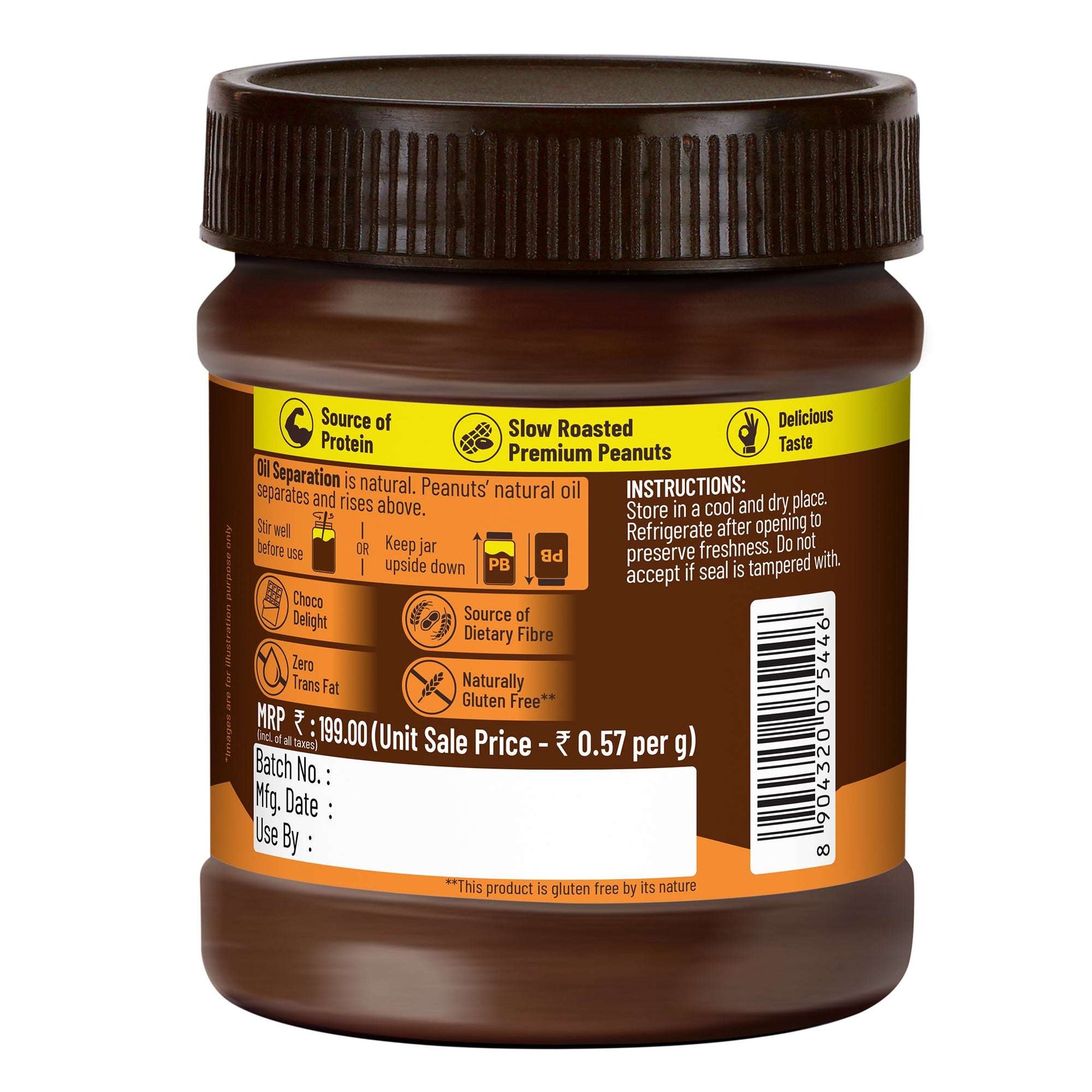 Chocolate Peanut Butter Crunchy, 350g, 23g Protein & 6.4g Dietary Fibre, Tasty & Healthy Chocolate Spread for Breakfast & Snacks, Made with Premium Roasted Peanuts, Zero Cholesterol & Trans Fat