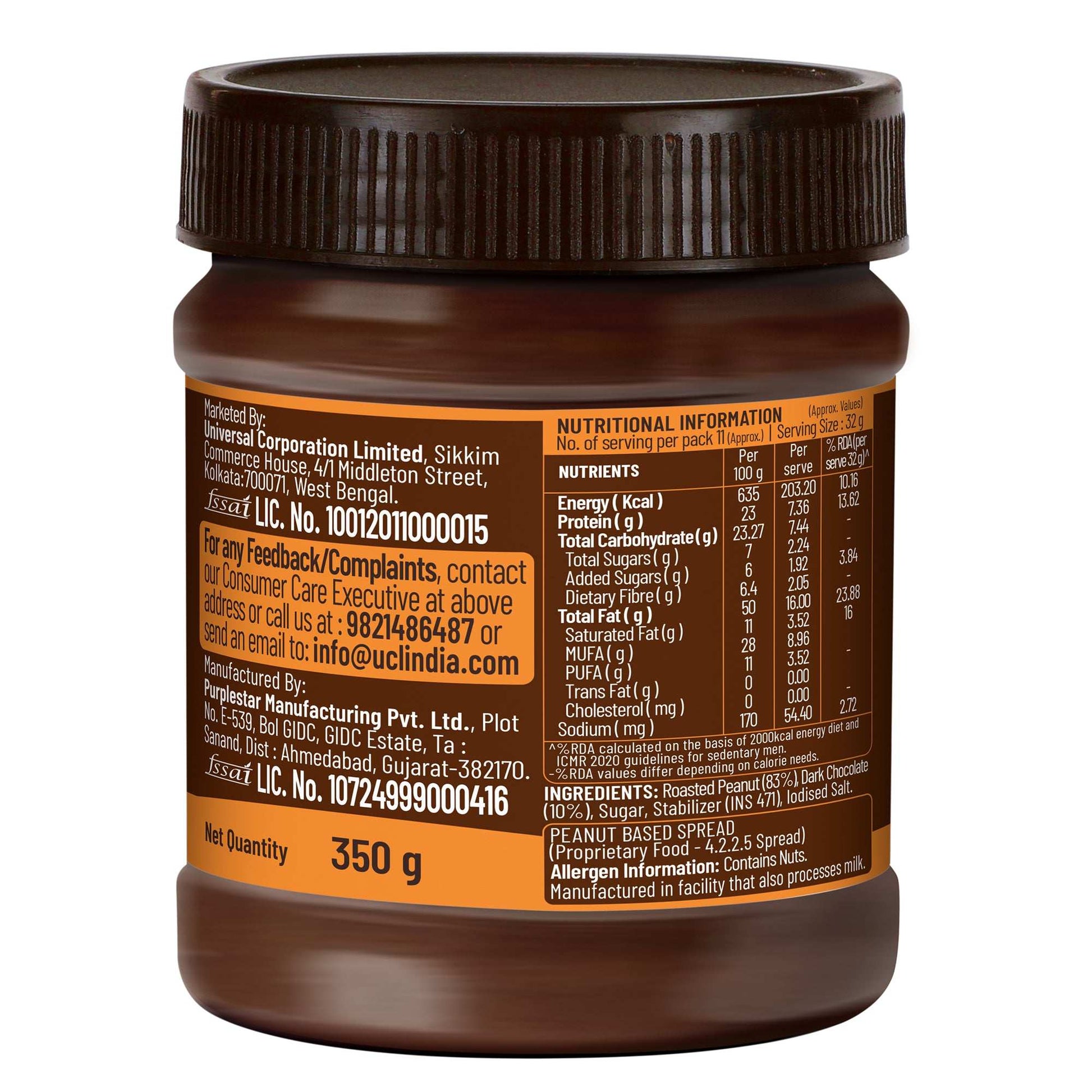 Chocolate Peanut Butter Creamy, 350g, 23g Protein & 6.4g Dietary Fibre, Tasty & Healthy Chocolate Spread for Breakfast & Snacks, Made with Premium Roasted Peanuts, Zero Cholesterol & Trans Fat