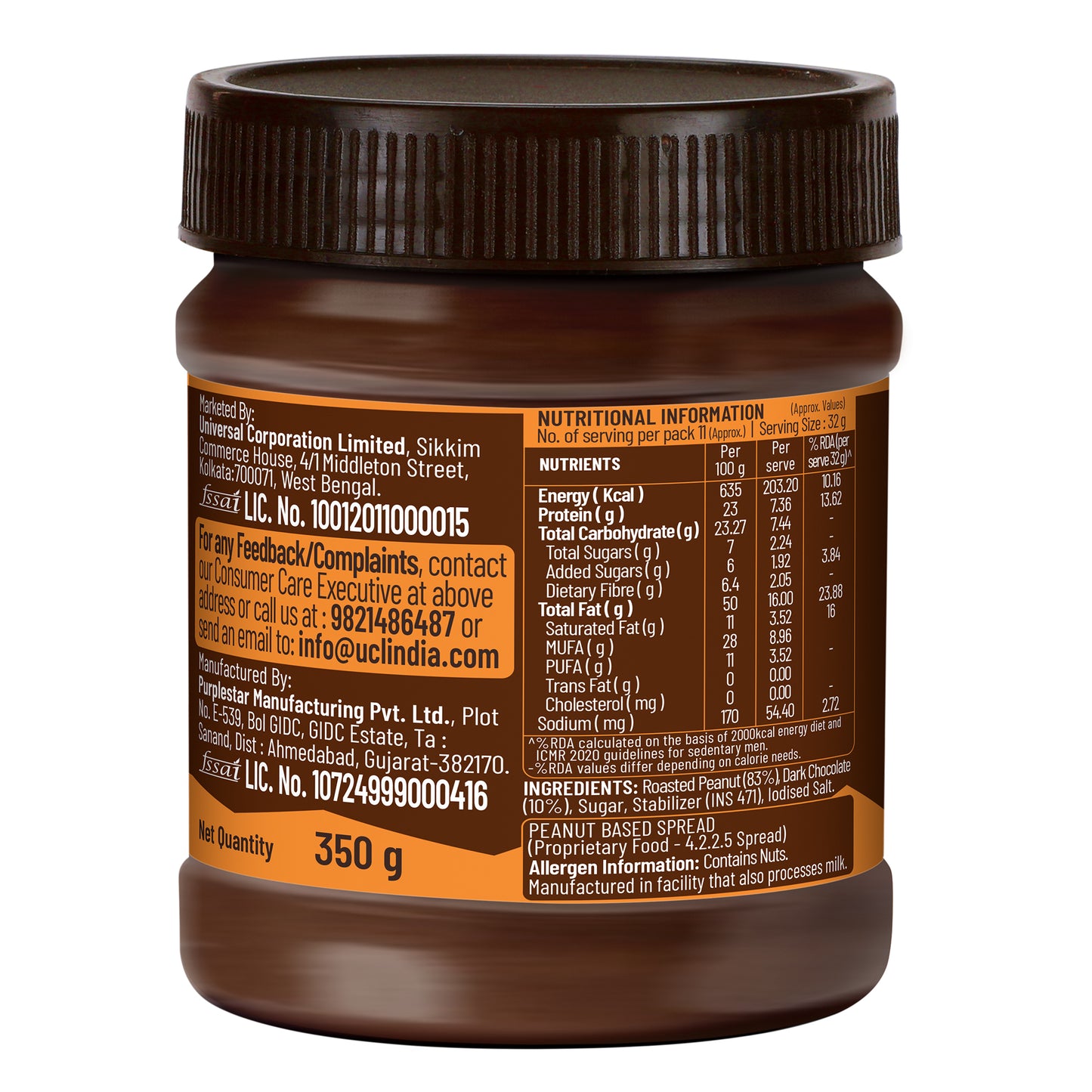 Chocolate Peanut Butter Crunchy, 350g, 23g Protein & 6.4g Dietary Fibre, Tasty & Healthy Chocolate Spread for Breakfast & Snacks, Made with Premium Roasted Peanuts, Zero Cholesterol & Trans Fat